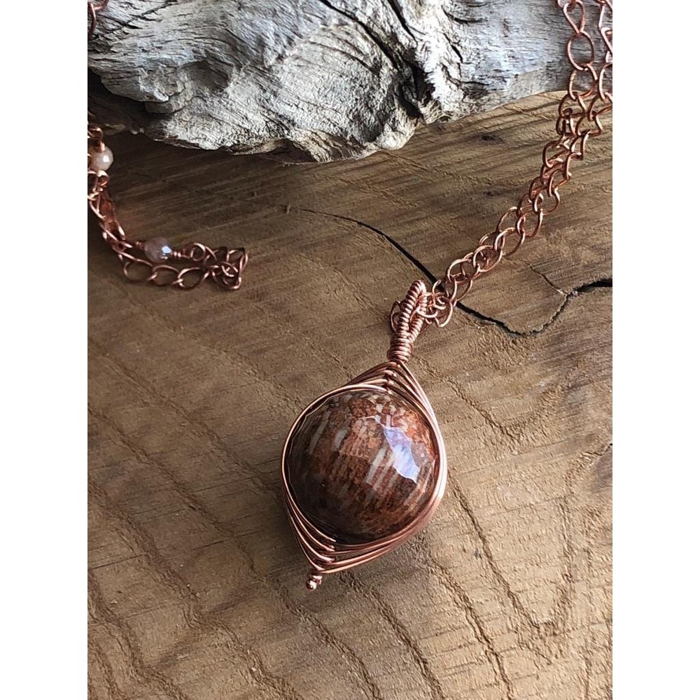 Handmade‎ Copper Wire Wrapped Jasper Pendant - 20" Chain